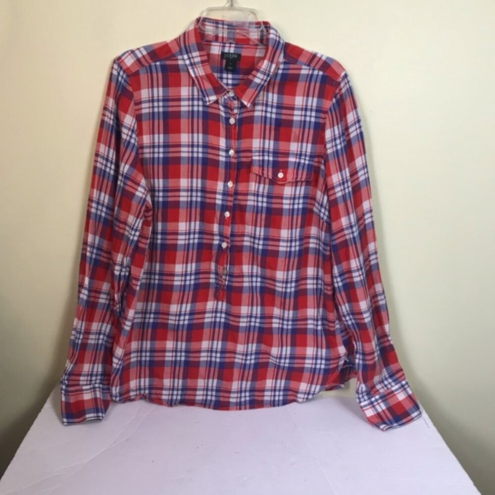 J. Crew Plaid Cotton Plaid 1/2 Button Up Preppy Shirt Top Check Long Sleeves L